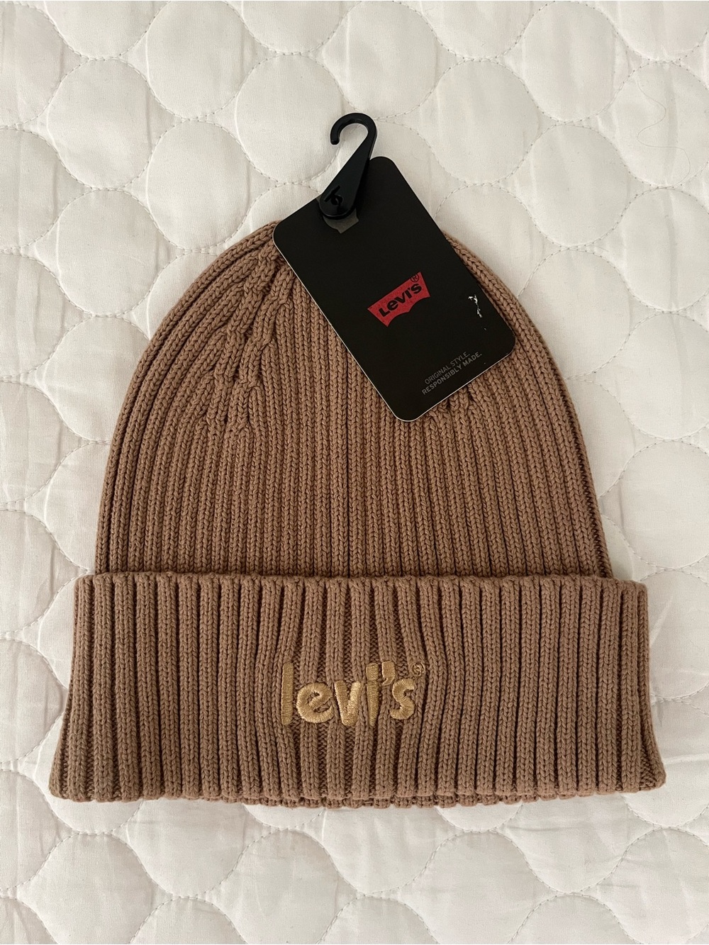 Levi's Tan Ribbed Fold-Over Beanie with Embroidered Logo